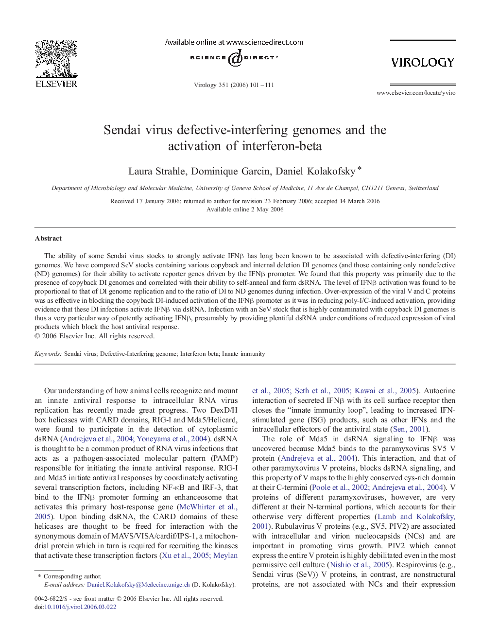 Sendai virus defective-interfering genomes and the activation of interferon-beta