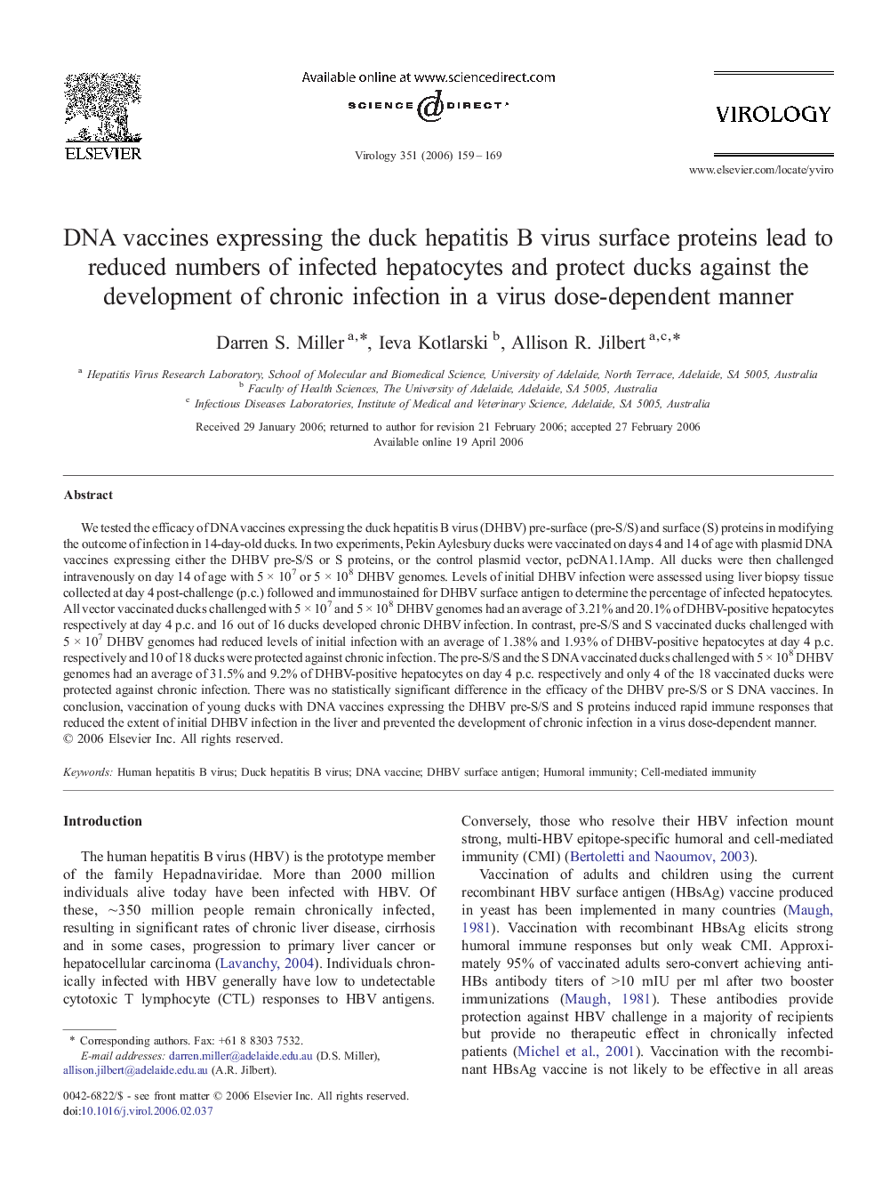 DNA vaccines expressing the duck hepatitis B virus surface proteins lead to reduced numbers of infected hepatocytes and protect ducks against the development of chronic infection in a virus dose-dependent manner