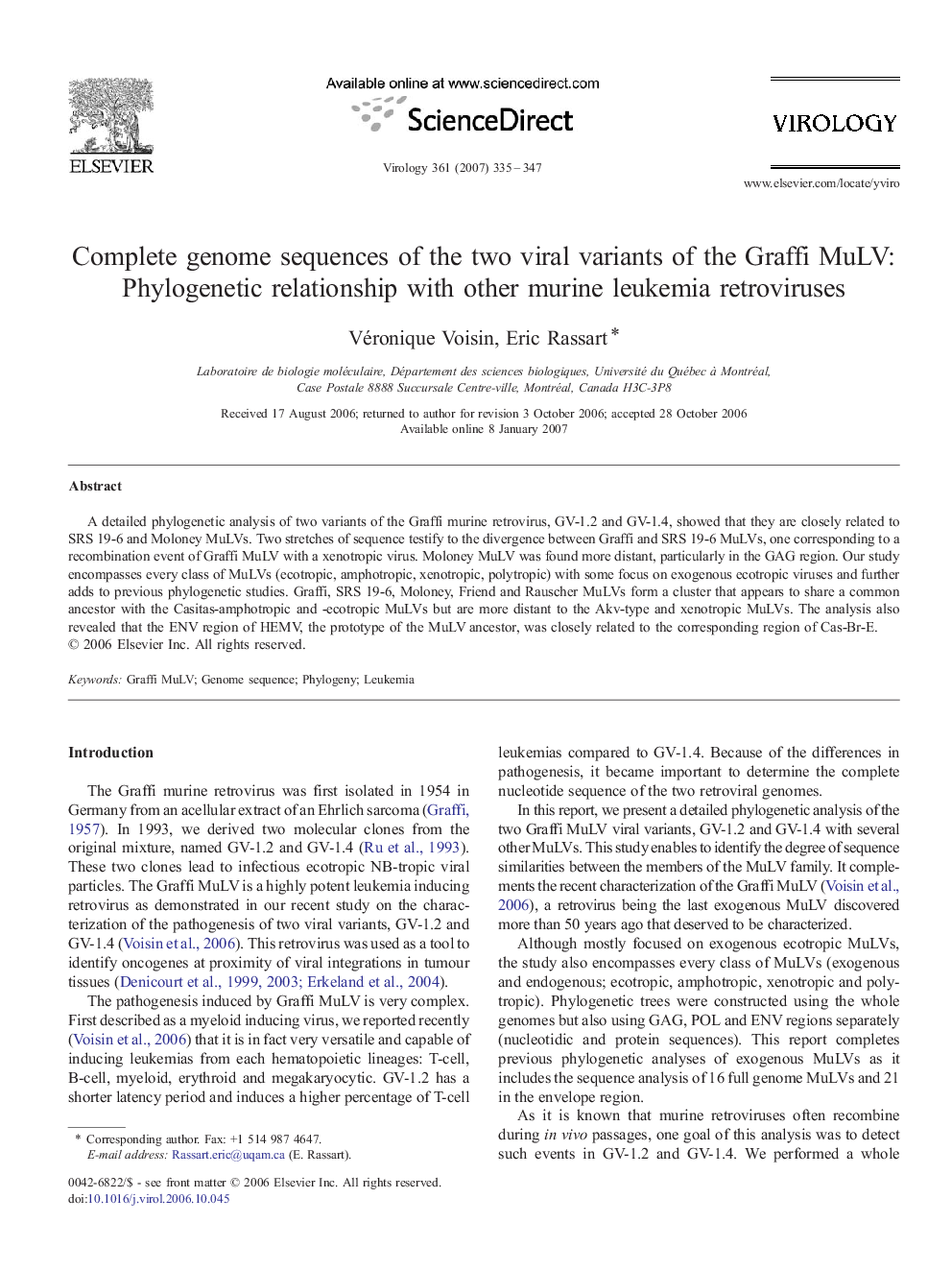 Complete genome sequences of the two viral variants of the Graffi MuLV: Phylogenetic relationship with other murine leukemia retroviruses