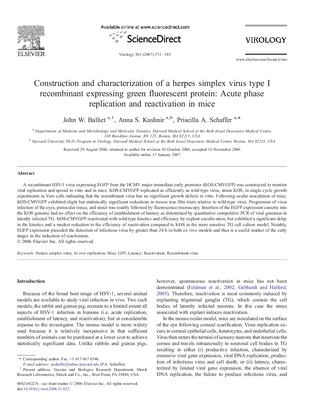 Construction and characterization of a herpes simplex virus type I recombinant expressing green fluorescent protein: Acute phase replication and reactivation in mice