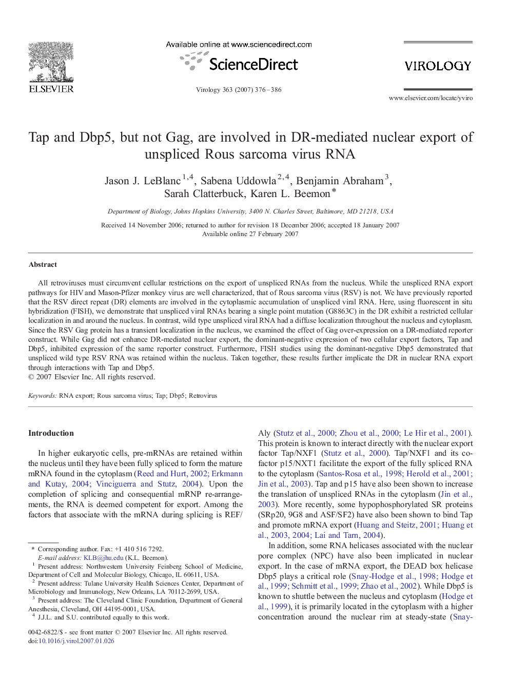 Tap and Dbp5, but not Gag, are involved in DR-mediated nuclear export of unspliced Rous sarcoma virus RNA