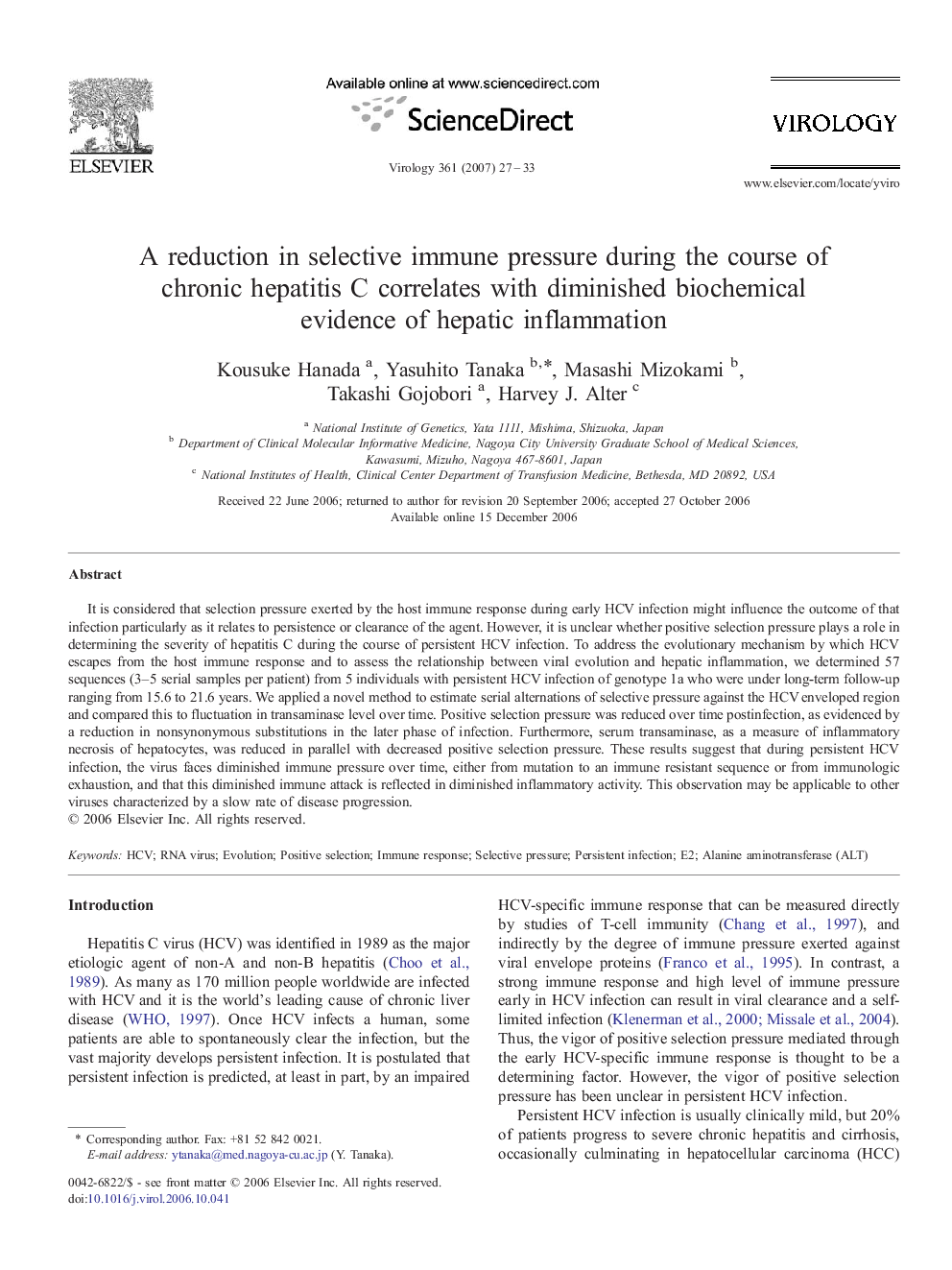 A reduction in selective immune pressure during the course of chronic hepatitis C correlates with diminished biochemical evidence of hepatic inflammation