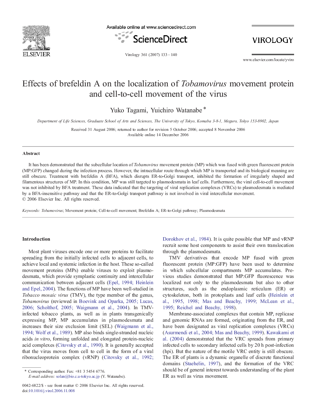 Effects of brefeldin A on the localization of Tobamovirus movement protein and cell-to-cell movement of the virus