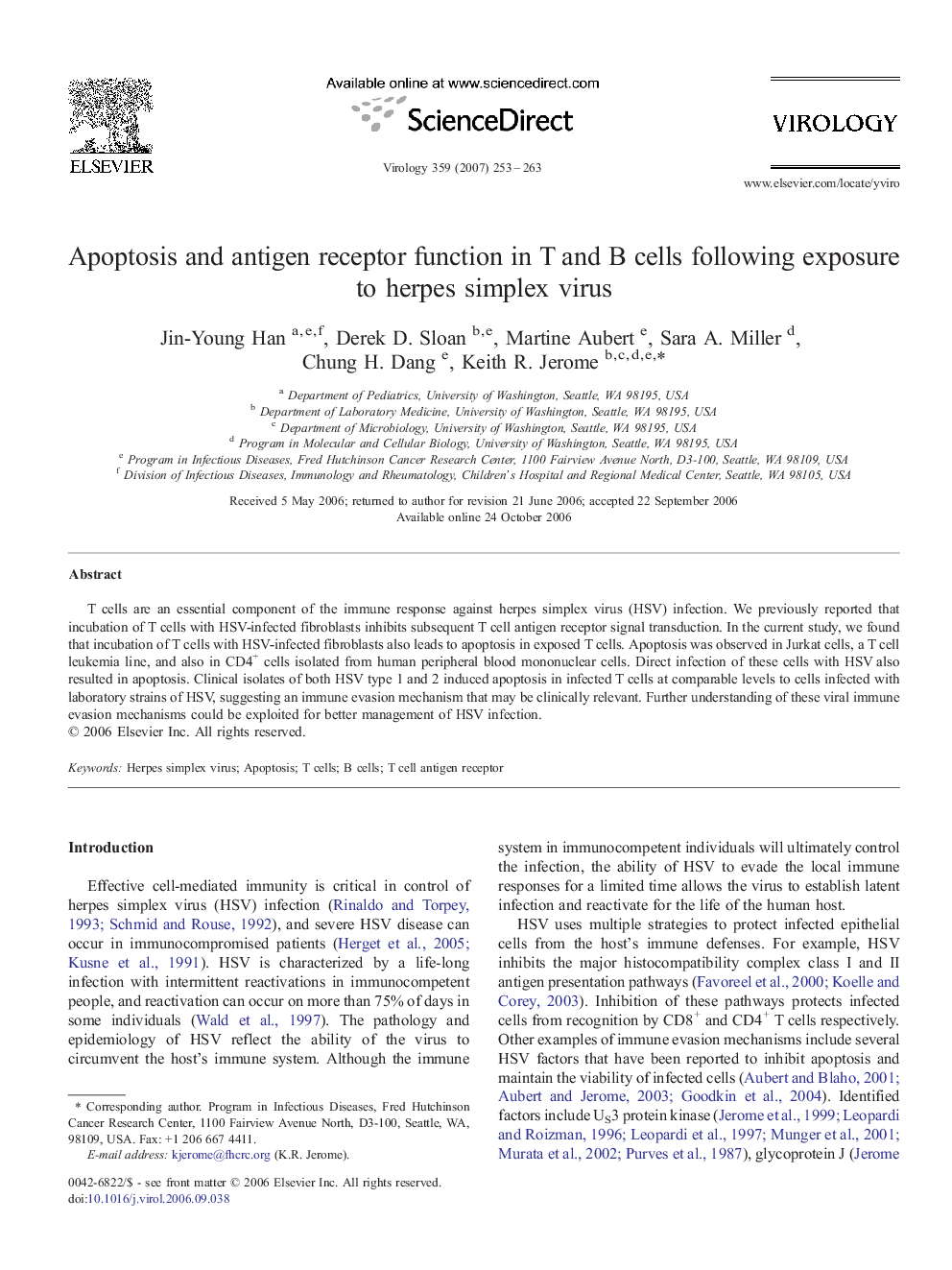 Apoptosis and antigen receptor function in T and B cells following exposure to herpes simplex virus