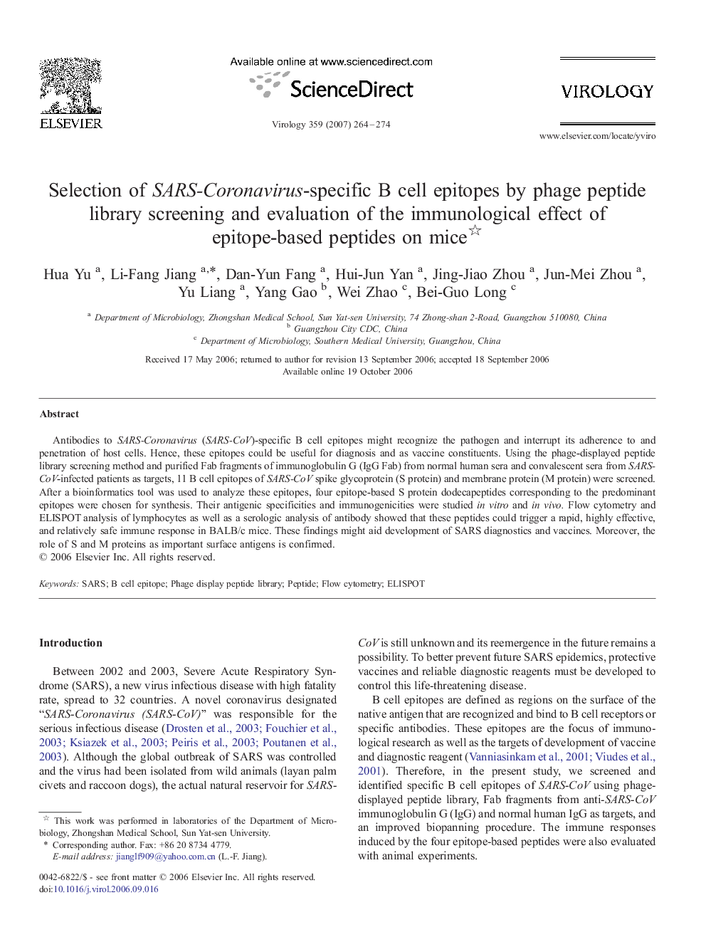 Selection of SARS-Coronavirus-specific B cell epitopes by phage peptide library screening and evaluation of the immunological effect of epitope-based peptides on mice 