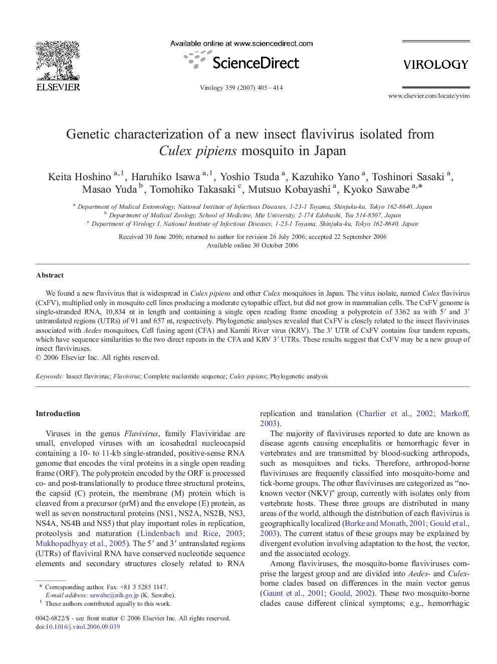 Genetic characterization of a new insect flavivirus isolated from Culex pipiens mosquito in Japan