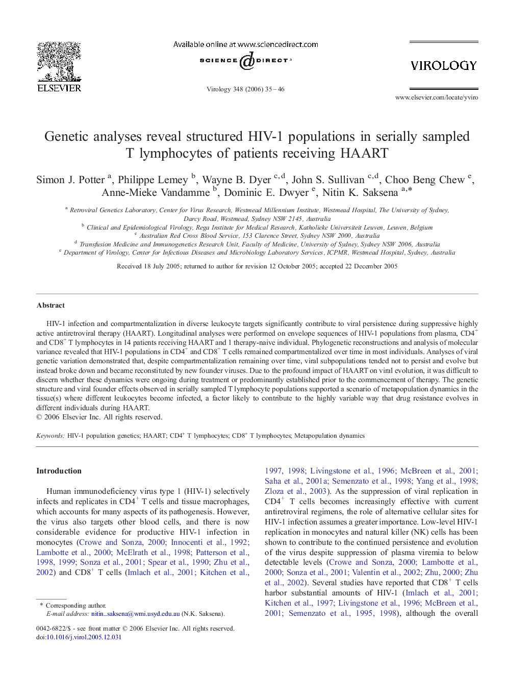 Genetic analyses reveal structured HIV-1 populations in serially sampled T lymphocytes of patients receiving HAART