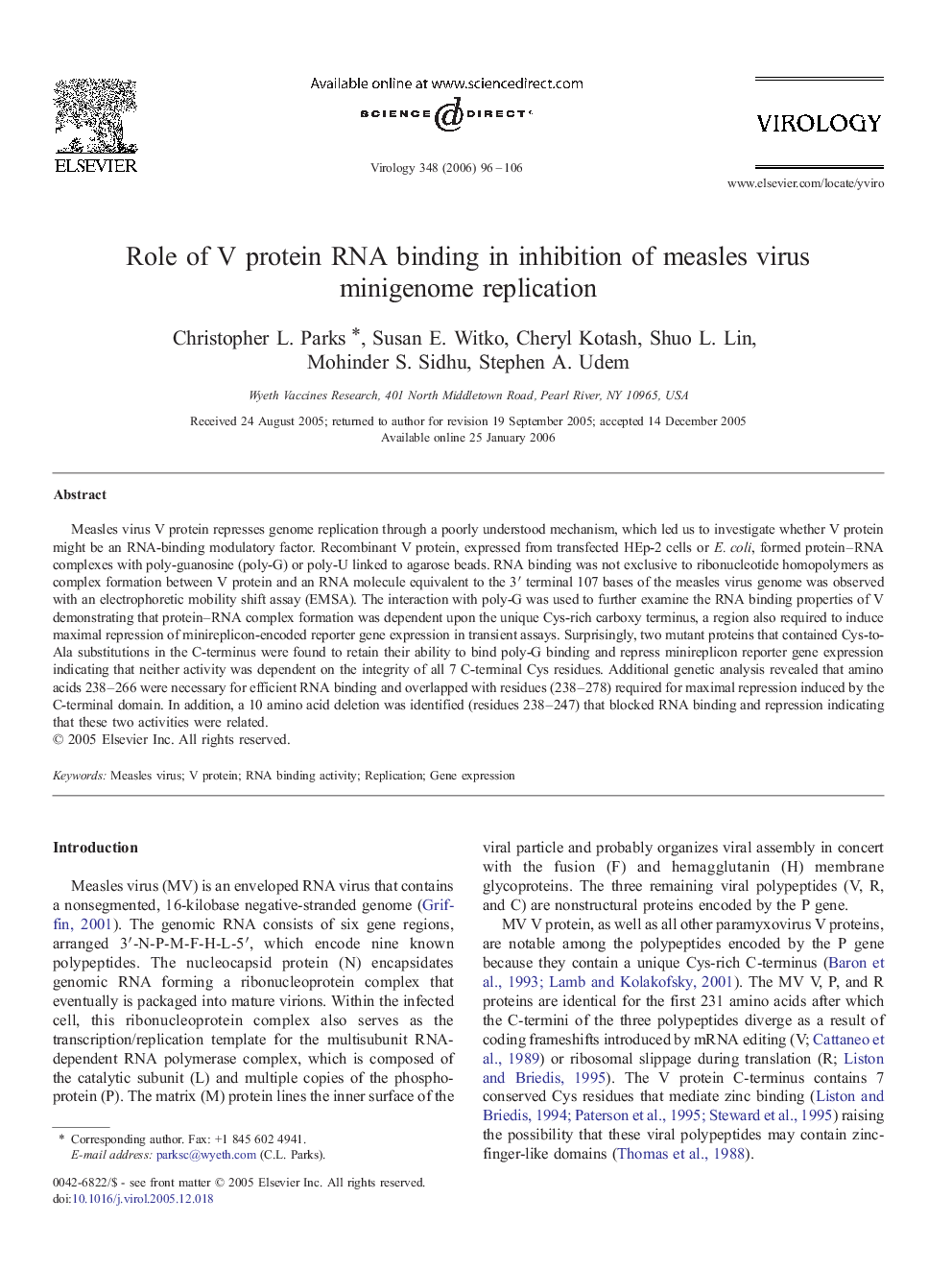 Role of V protein RNA binding in inhibition of measles virus minigenome replication