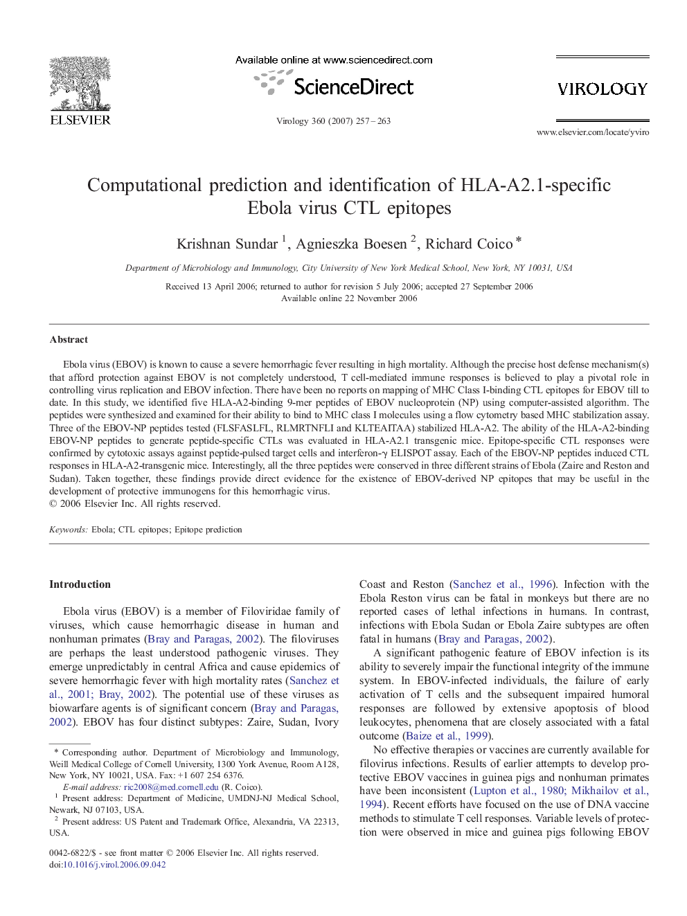 Computational prediction and identification of HLA-A2.1-specific Ebola virus CTL epitopes