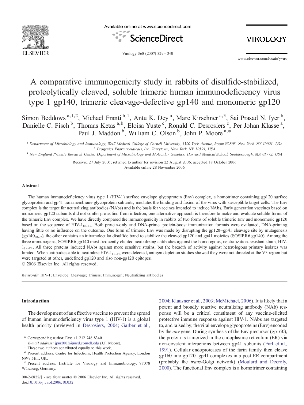 A comparative immunogenicity study in rabbits of disulfide-stabilized, proteolytically cleaved, soluble trimeric human immunodeficiency virus type 1 gp140, trimeric cleavage-defective gp140 and monomeric gp120