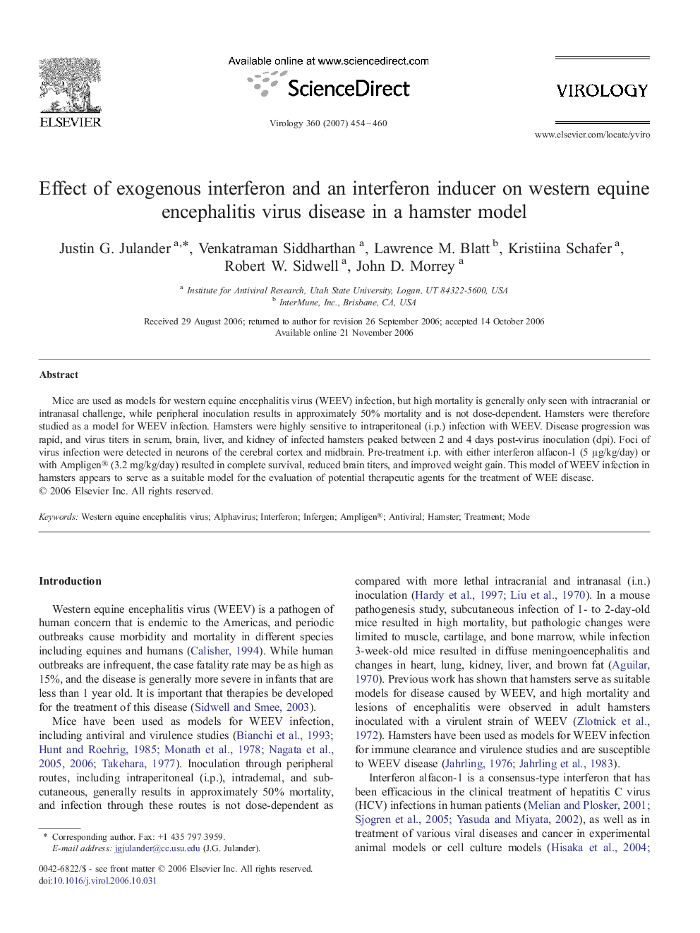 Effect of exogenous interferon and an interferon inducer on western equine encephalitis virus disease in a hamster model