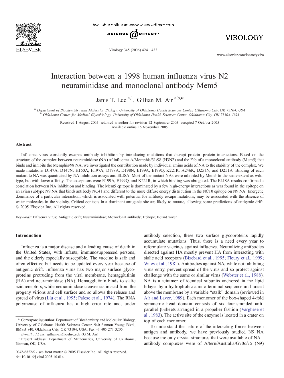 Interaction between a 1998 human influenza virus N2 neuraminidase and monoclonal antibody Mem5