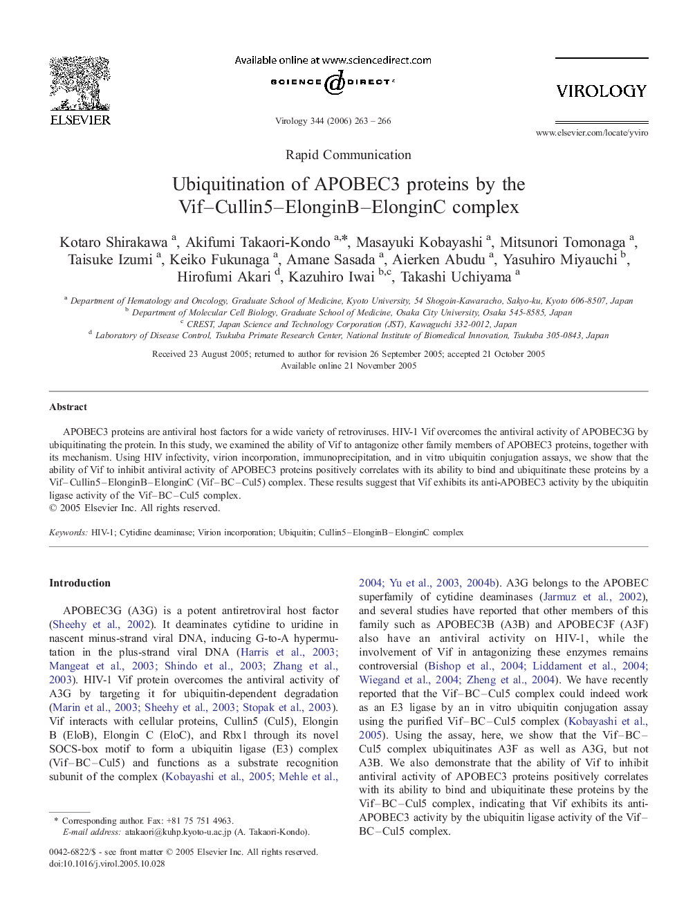 Ubiquitination of APOBEC3 proteins by the Vif–Cullin5–ElonginB–ElonginC complex