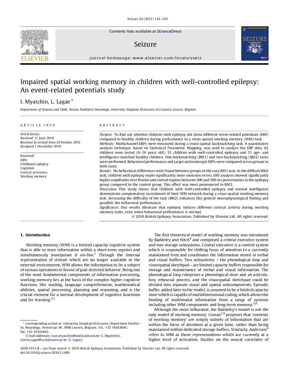 Impaired spatial working memory in children with well-controlled epilepsy: An event-related potentials study