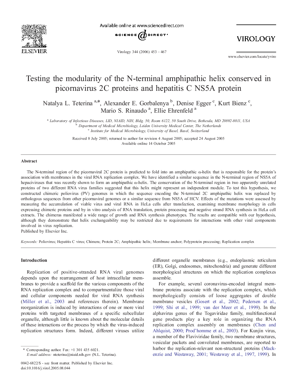 Testing the modularity of the N-terminal amphipathic helix conserved in picornavirus 2C proteins and hepatitis C NS5A protein