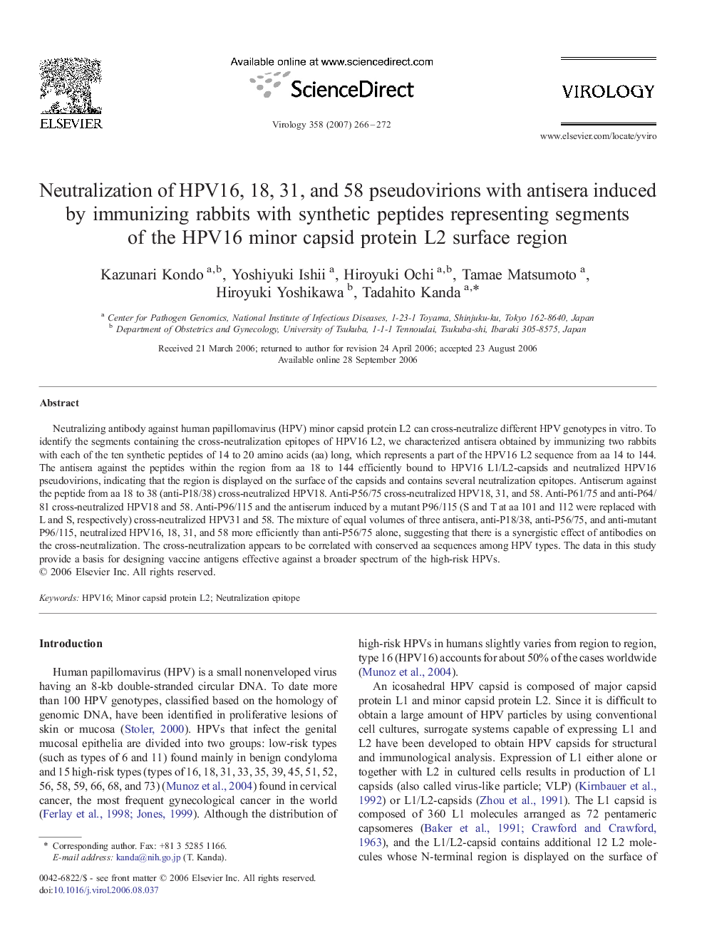 Neutralization of HPV16, 18, 31, and 58 pseudovirions with antisera induced by immunizing rabbits with synthetic peptides representing segments of the HPV16 minor capsid protein L2 surface region