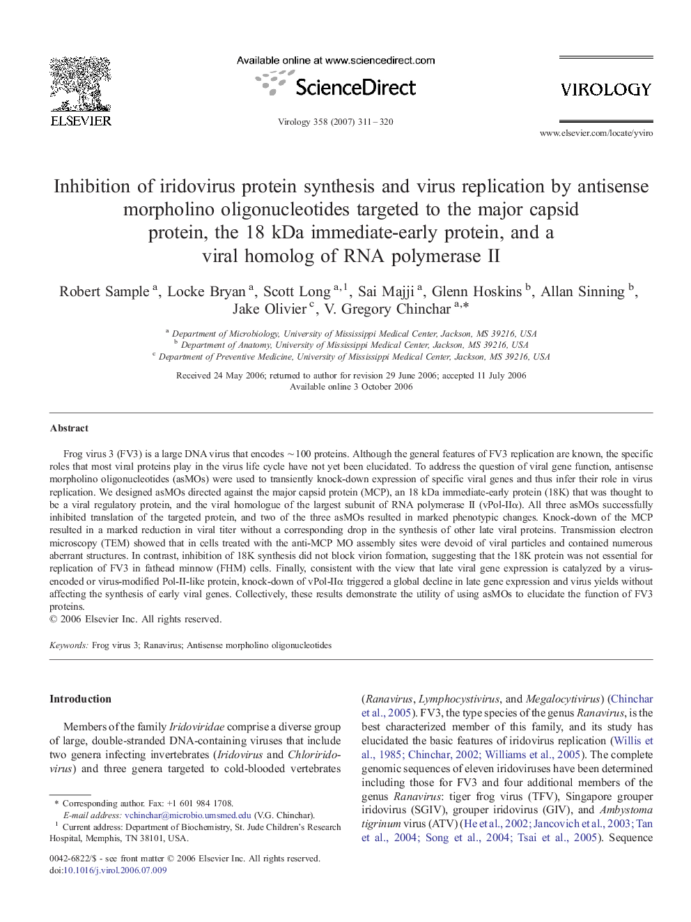 Inhibition of iridovirus protein synthesis and virus replication by antisense morpholino oligonucleotides targeted to the major capsid protein, the 18 kDa immediate-early protein, and a viral homolog of RNA polymerase II