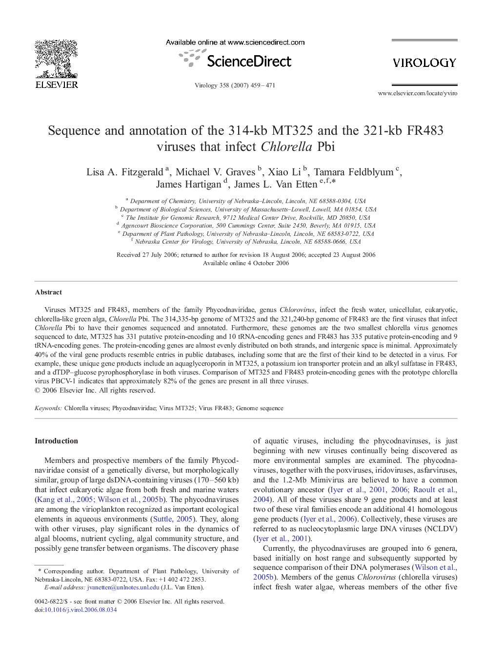 Sequence and annotation of the 314-kb MT325 and the 321-kb FR483 viruses that infect Chlorella Pbi