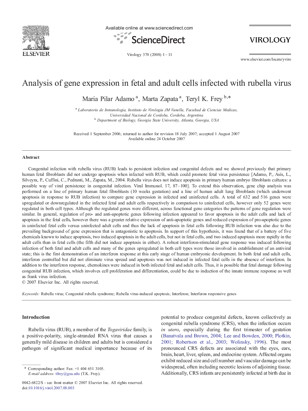 Analysis of gene expression in fetal and adult cells infected with rubella virus