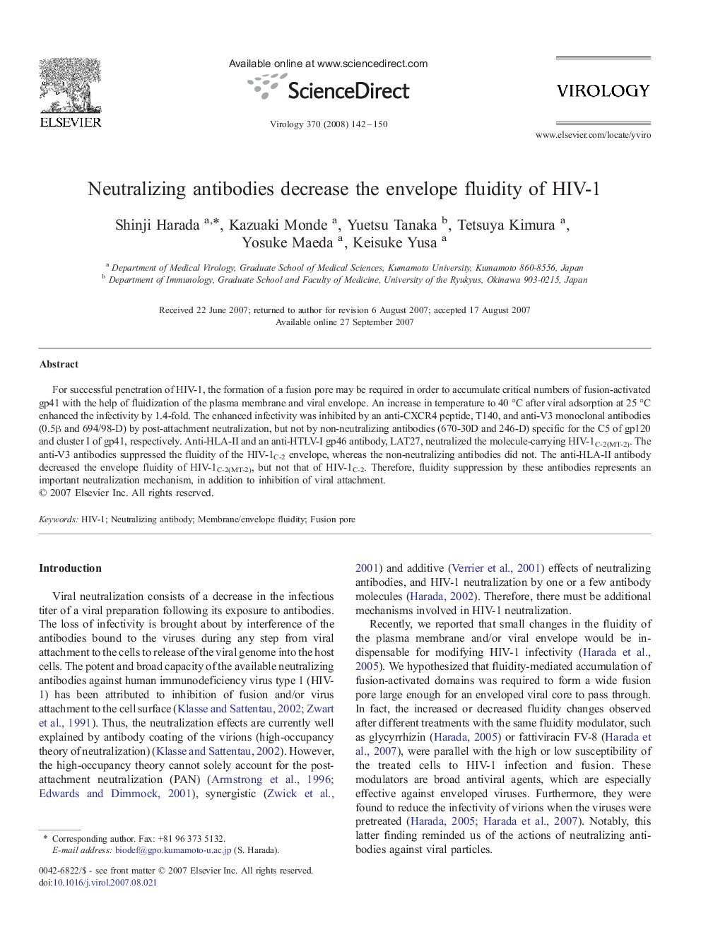 Neutralizing antibodies decrease the envelope fluidity of HIV-1