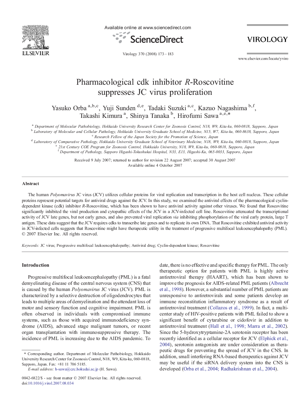 Pharmacological cdk inhibitor R-Roscovitine suppresses JC virus proliferation