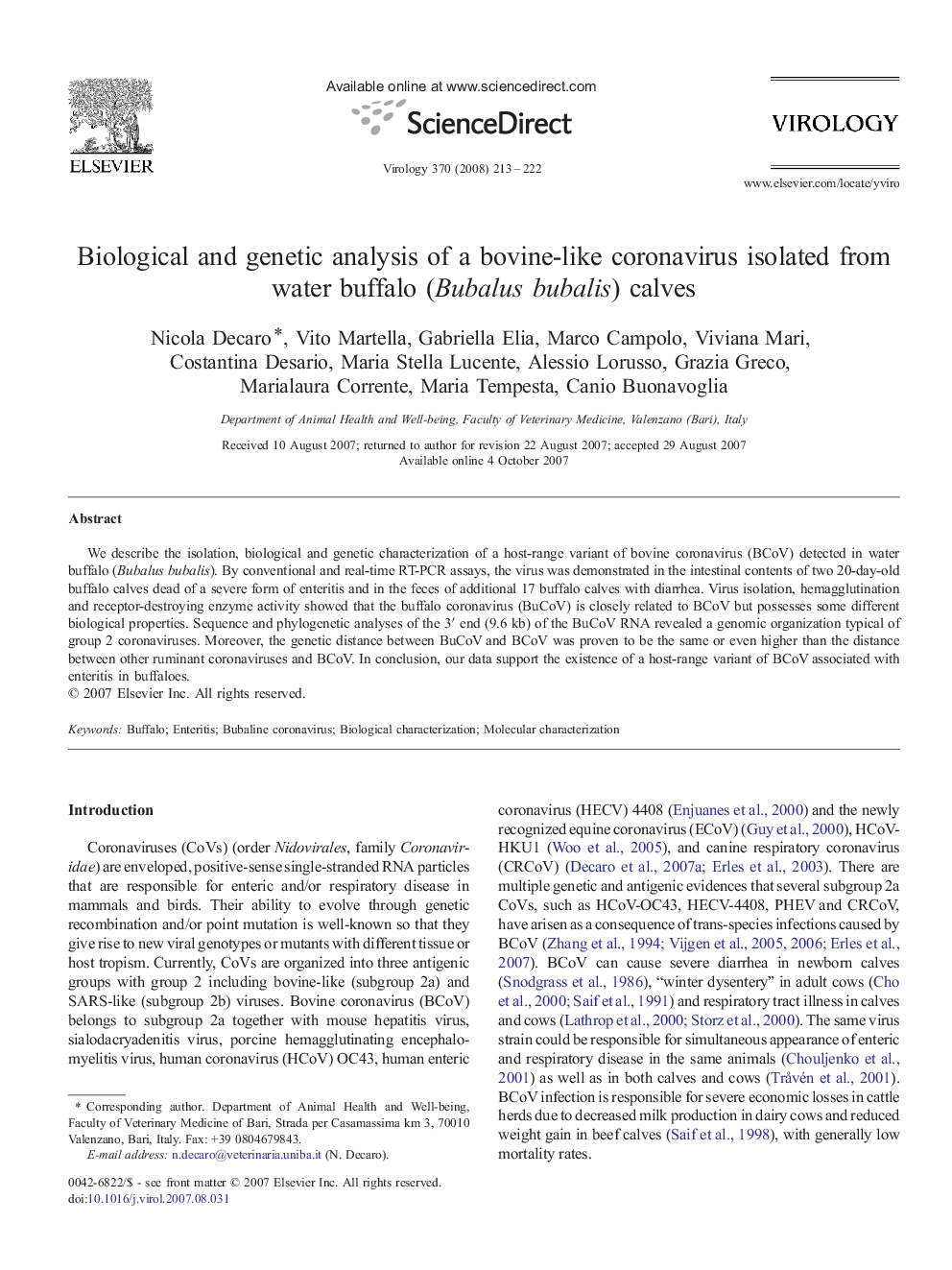 Biological and genetic analysis of a bovine-like coronavirus isolated from water buffalo (Bubalus bubalis) calves