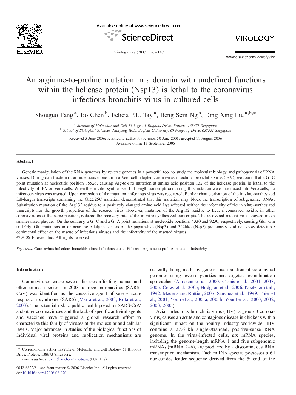 An arginine-to-proline mutation in a domain with undefined functions within the helicase protein (Nsp13) is lethal to the coronavirus infectious bronchitis virus in cultured cells