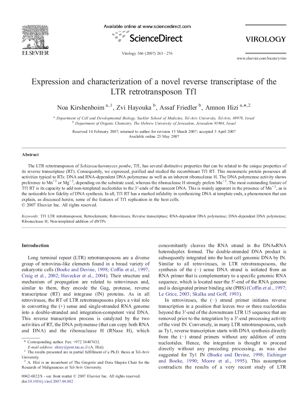 Expression and characterization of a novel reverse transcriptase of the LTR retrotransposon Tf1