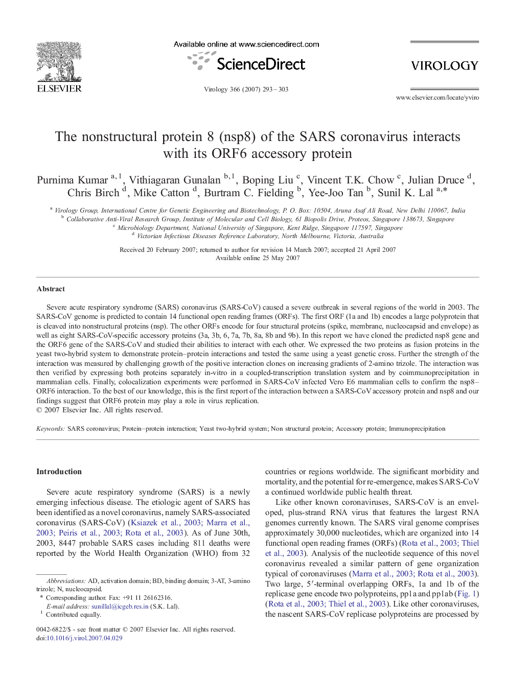 The nonstructural protein 8 (nsp8) of the SARS coronavirus interacts with its ORF6 accessory protein