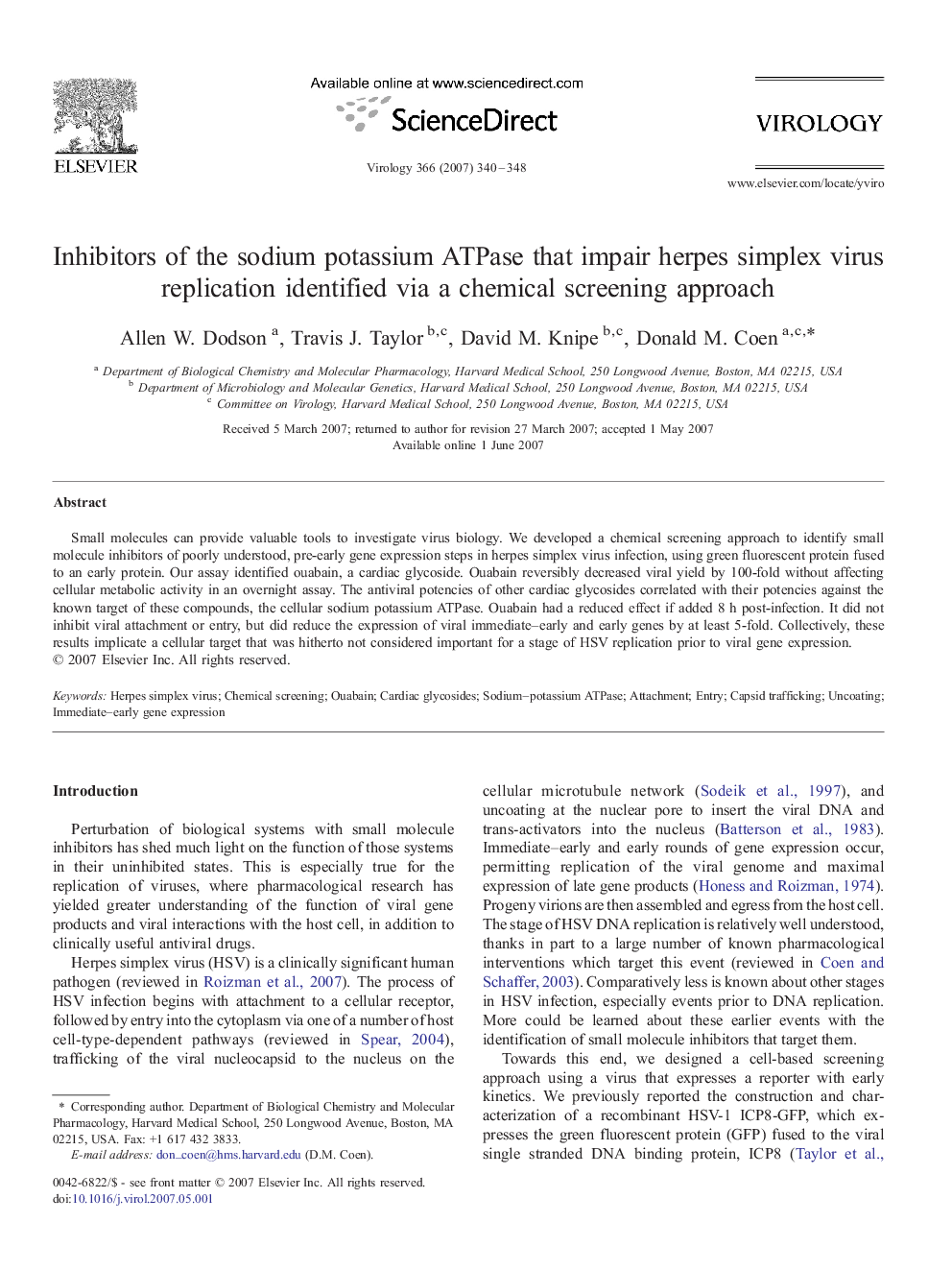 Inhibitors of the sodium potassium ATPase that impair herpes simplex virus replication identified via a chemical screening approach