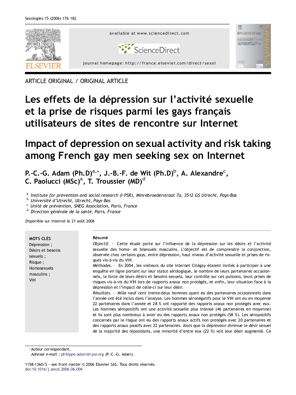 Les effets de la dépression sur l’activité sexuelle et la prise de risques parmi les gays français utilisateurs de sites de rencontre sur Internet
