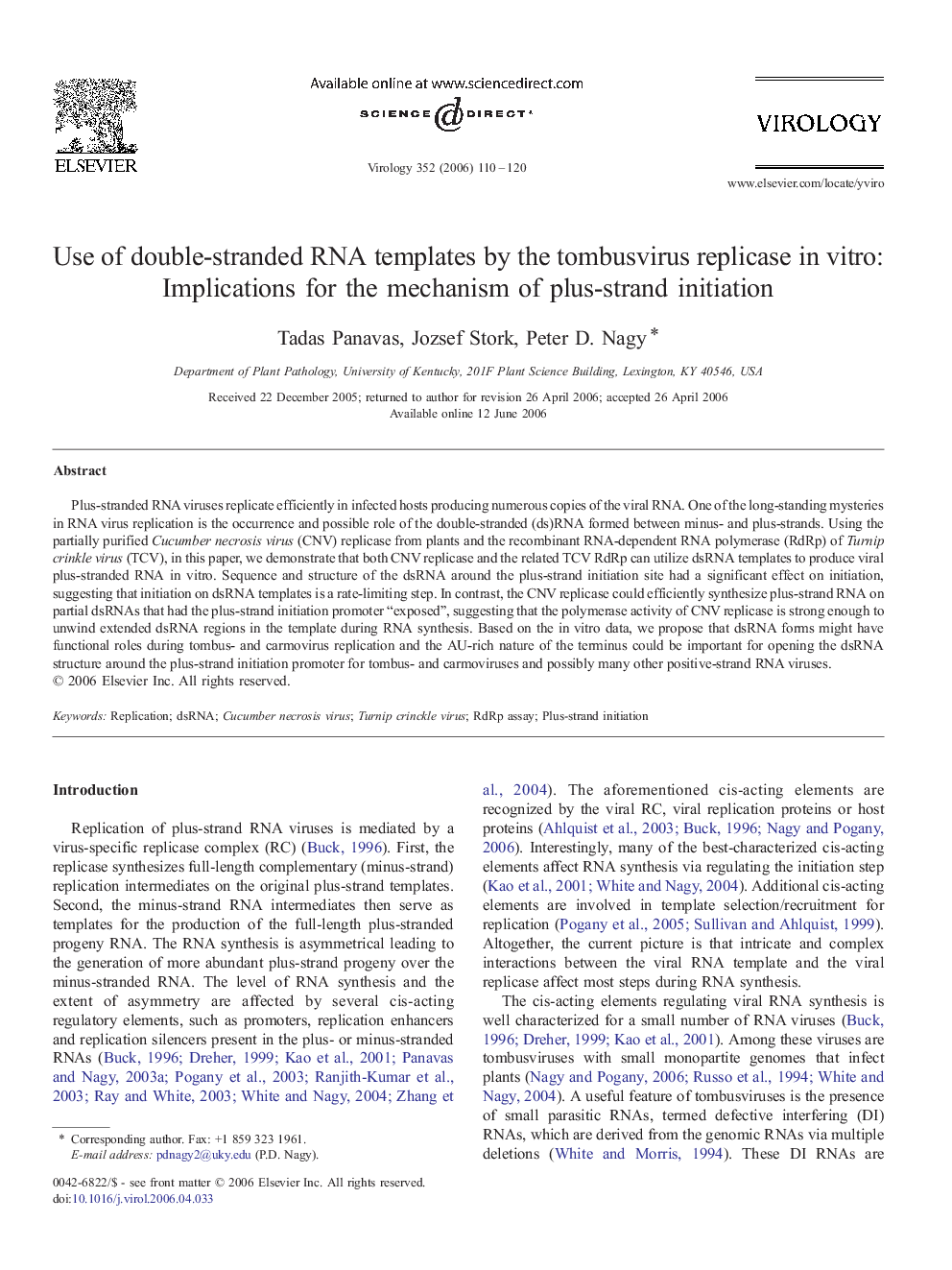 Use of double-stranded RNA templates by the tombusvirus replicase in vitro: Implications for the mechanism of plus-strand initiation