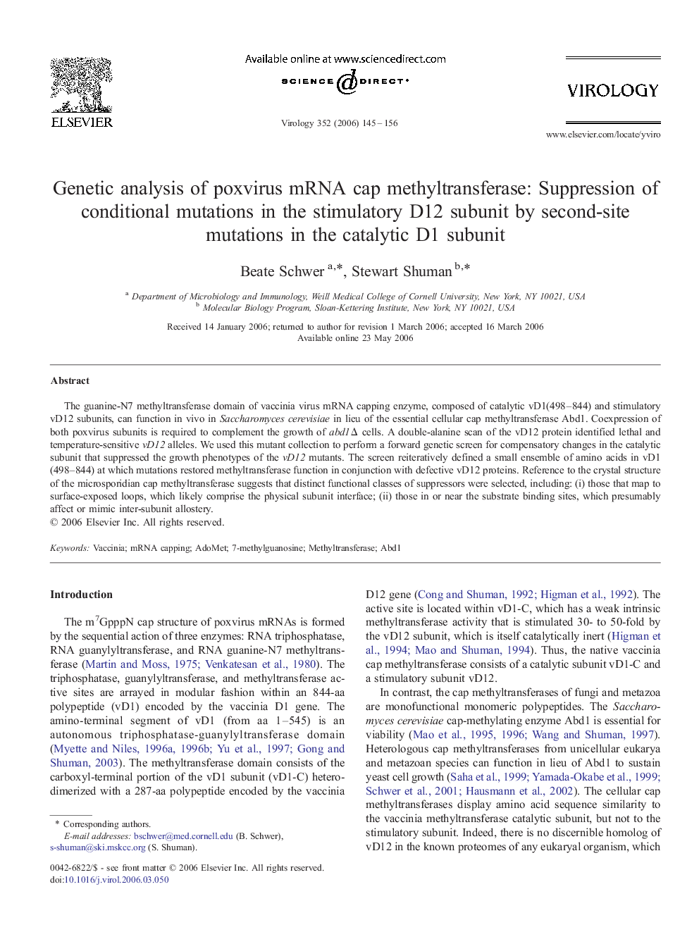 Genetic analysis of poxvirus mRNA cap methyltransferase: Suppression of conditional mutations in the stimulatory D12 subunit by second-site mutations in the catalytic D1 subunit