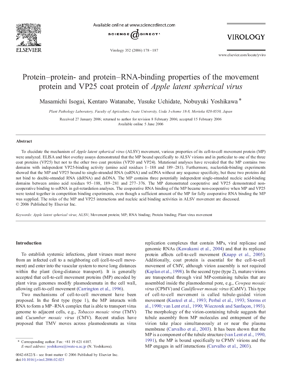 Protein–protein- and protein–RNA-binding properties of the movement protein and VP25 coat protein of Apple latent spherical virus