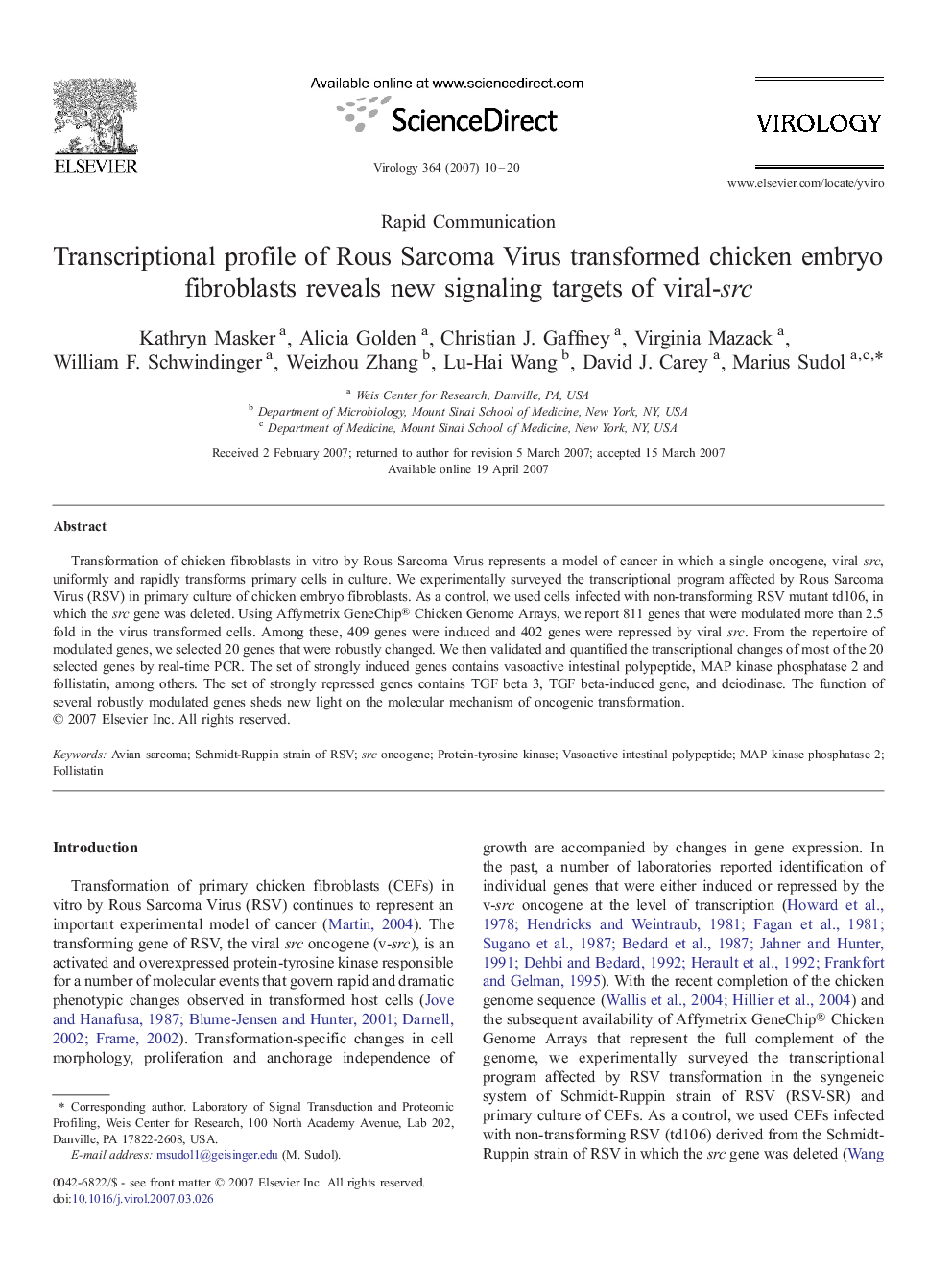 Transcriptional profile of Rous Sarcoma Virus transformed chicken embryo fibroblasts reveals new signaling targets of viral-src