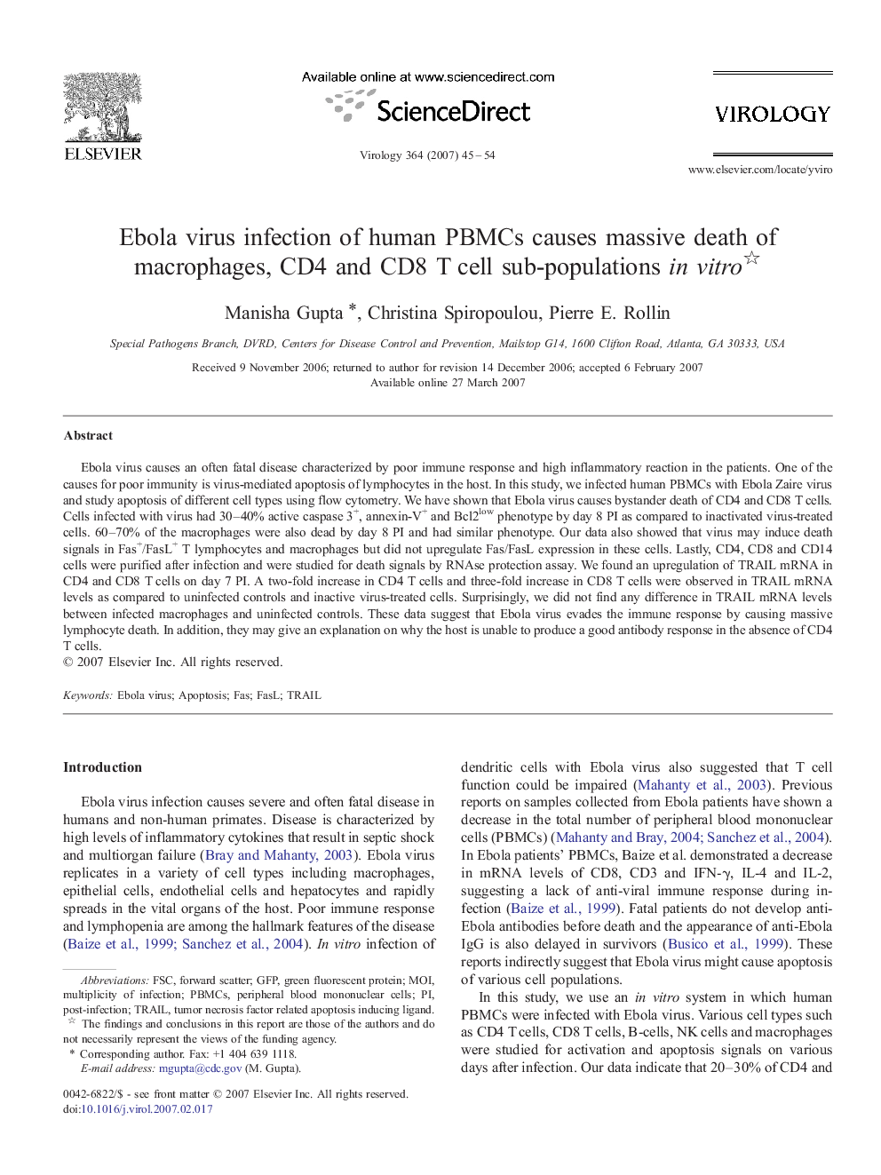 Ebola virus infection of human PBMCs causes massive death of macrophages, CD4 and CD8 T cell sub-populations in vitro 