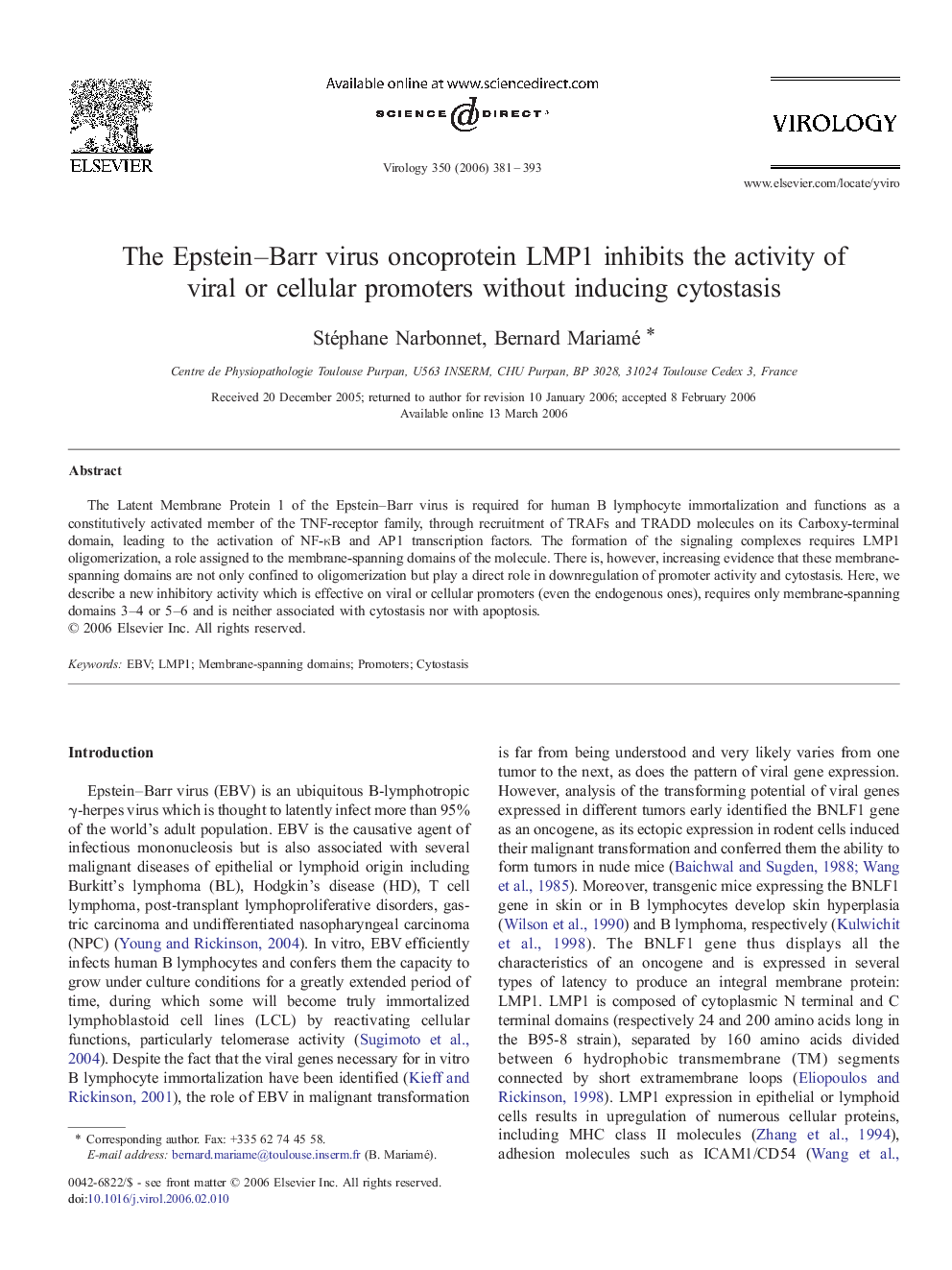 The Epstein–Barr virus oncoprotein LMP1 inhibits the activity of viral or cellular promoters without inducing cytostasis