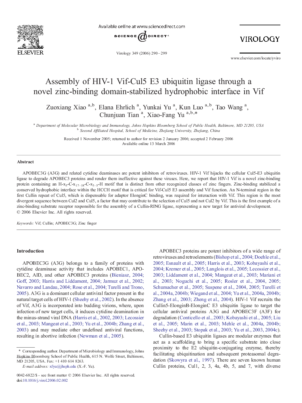 Assembly of HIV-1 Vif-Cul5 E3 ubiquitin ligase through a novel zinc-binding domain-stabilized hydrophobic interface in Vif