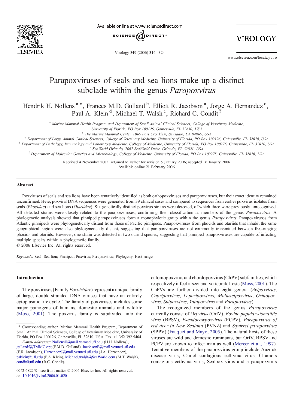 Parapoxviruses of seals and sea lions make up a distinct subclade within the genus Parapoxvirus