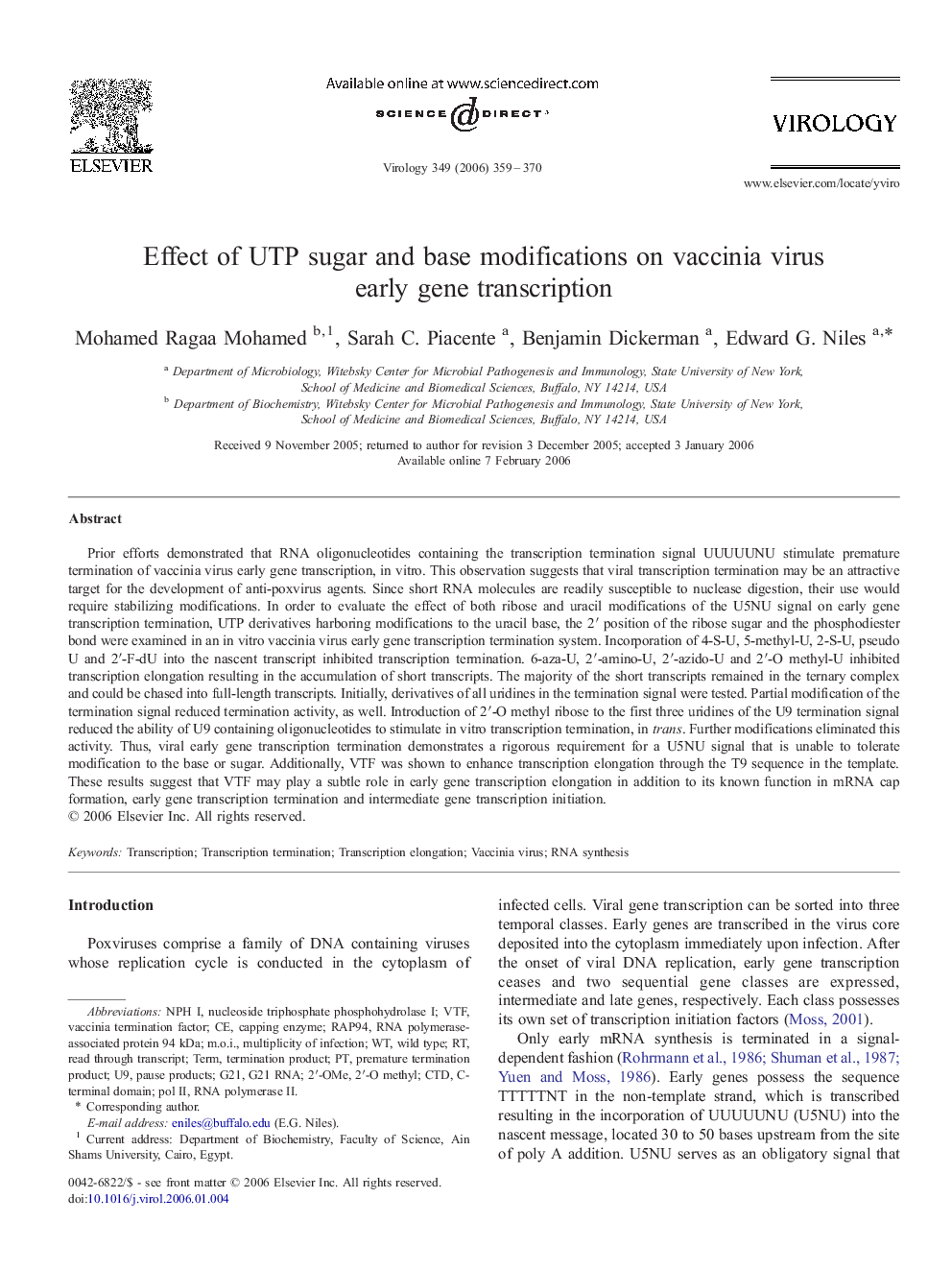 Effect of UTP sugar and base modifications on vaccinia virus early gene transcription