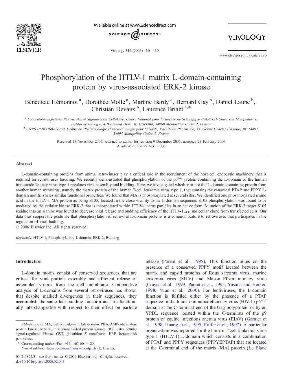 Phosphorylation of the HTLV-1 matrix L-domain-containing protein by virus-associated ERK-2 kinase