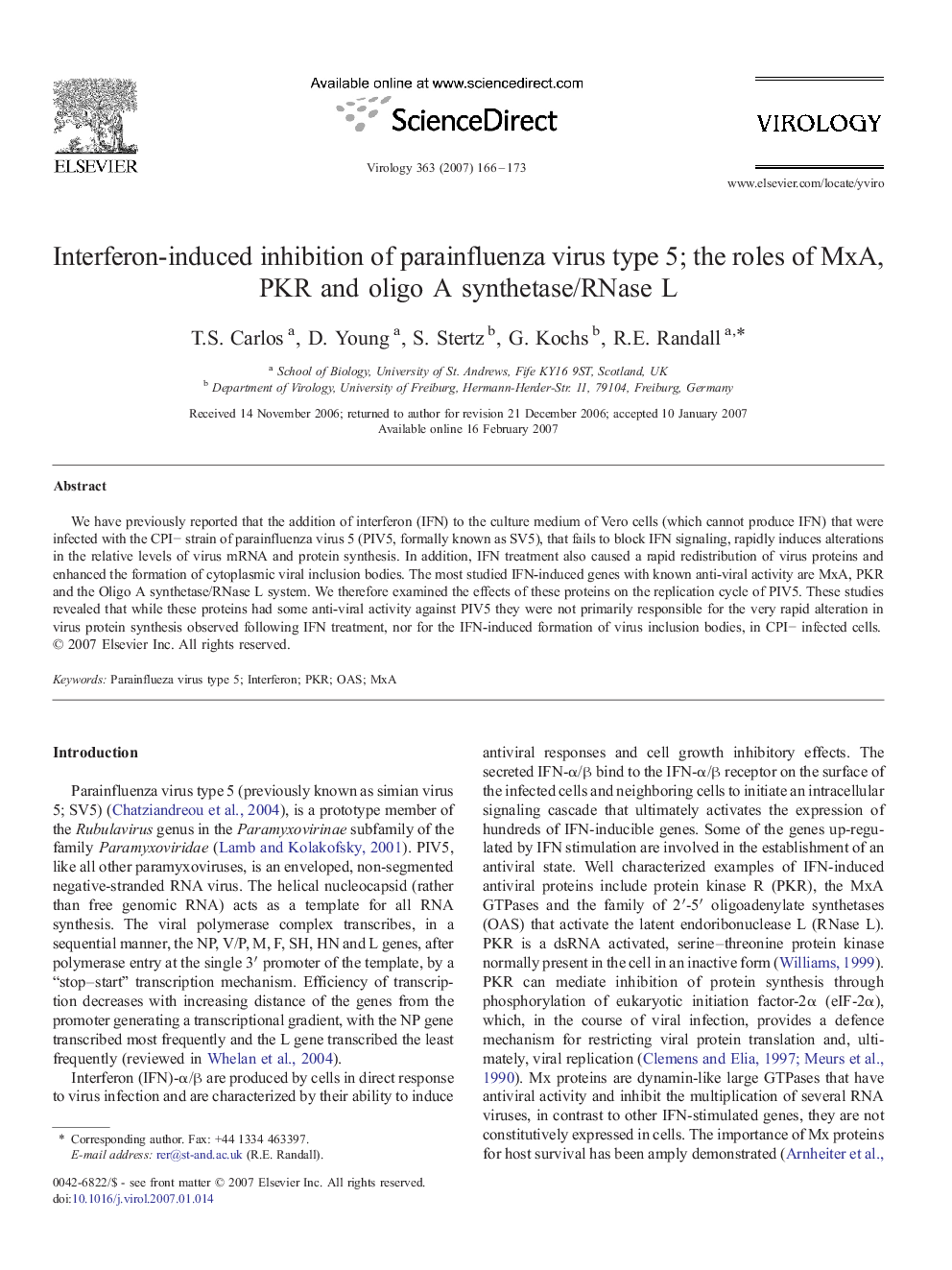 Interferon-induced inhibition of parainfluenza virus type 5; the roles of MxA, PKR and oligo A synthetase/RNase L