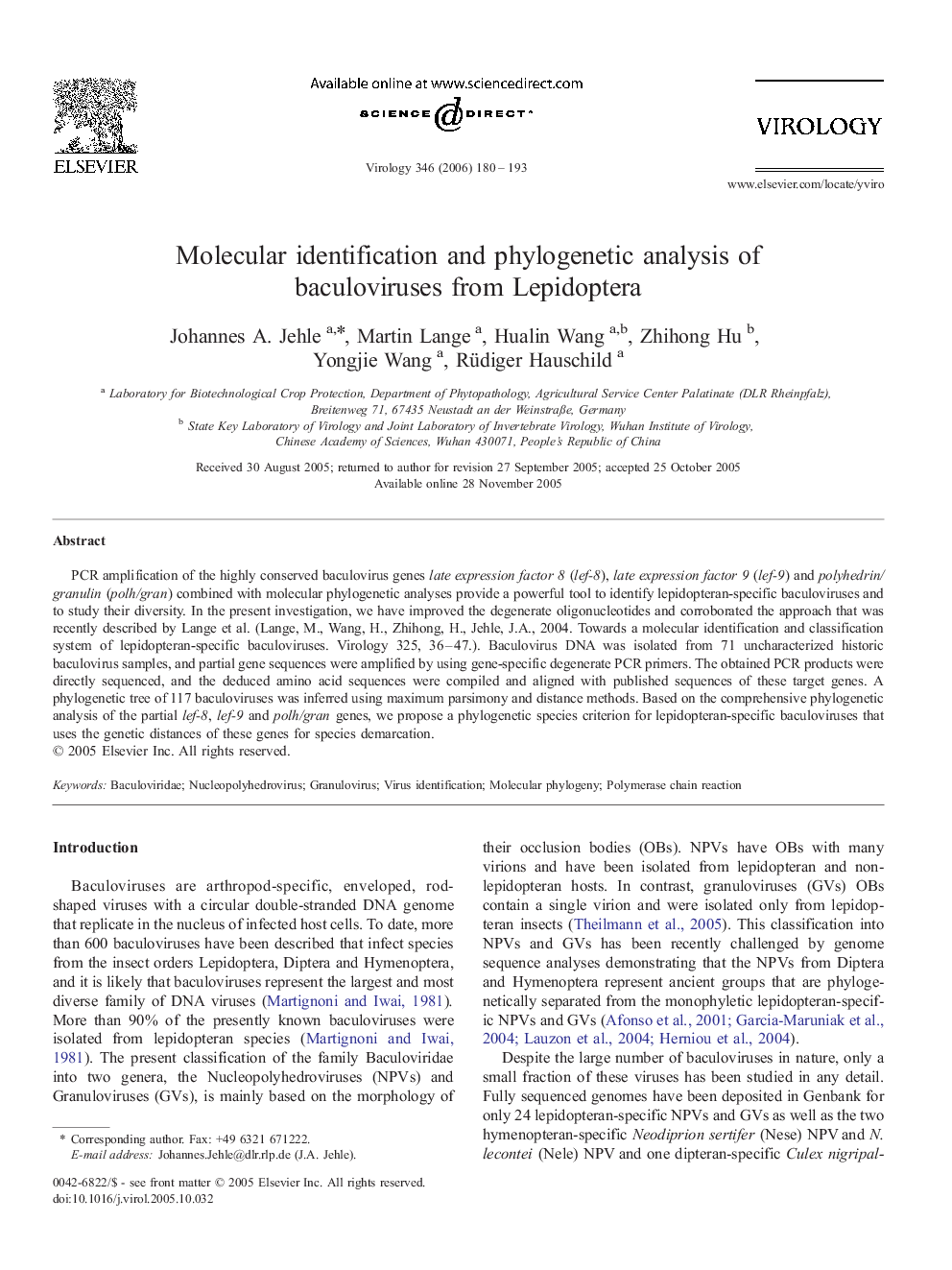 Molecular identification and phylogenetic analysis of baculoviruses from Lepidoptera