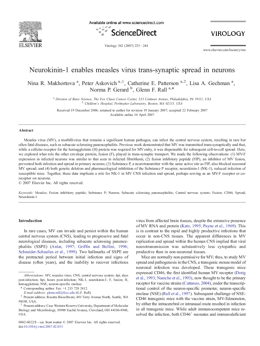 Neurokinin-1 enables measles virus trans-synaptic spread in neurons