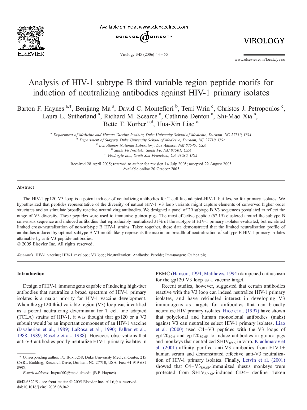 Analysis of HIV-1 subtype B third variable region peptide motifs for induction of neutralizing antibodies against HIV-1 primary isolates