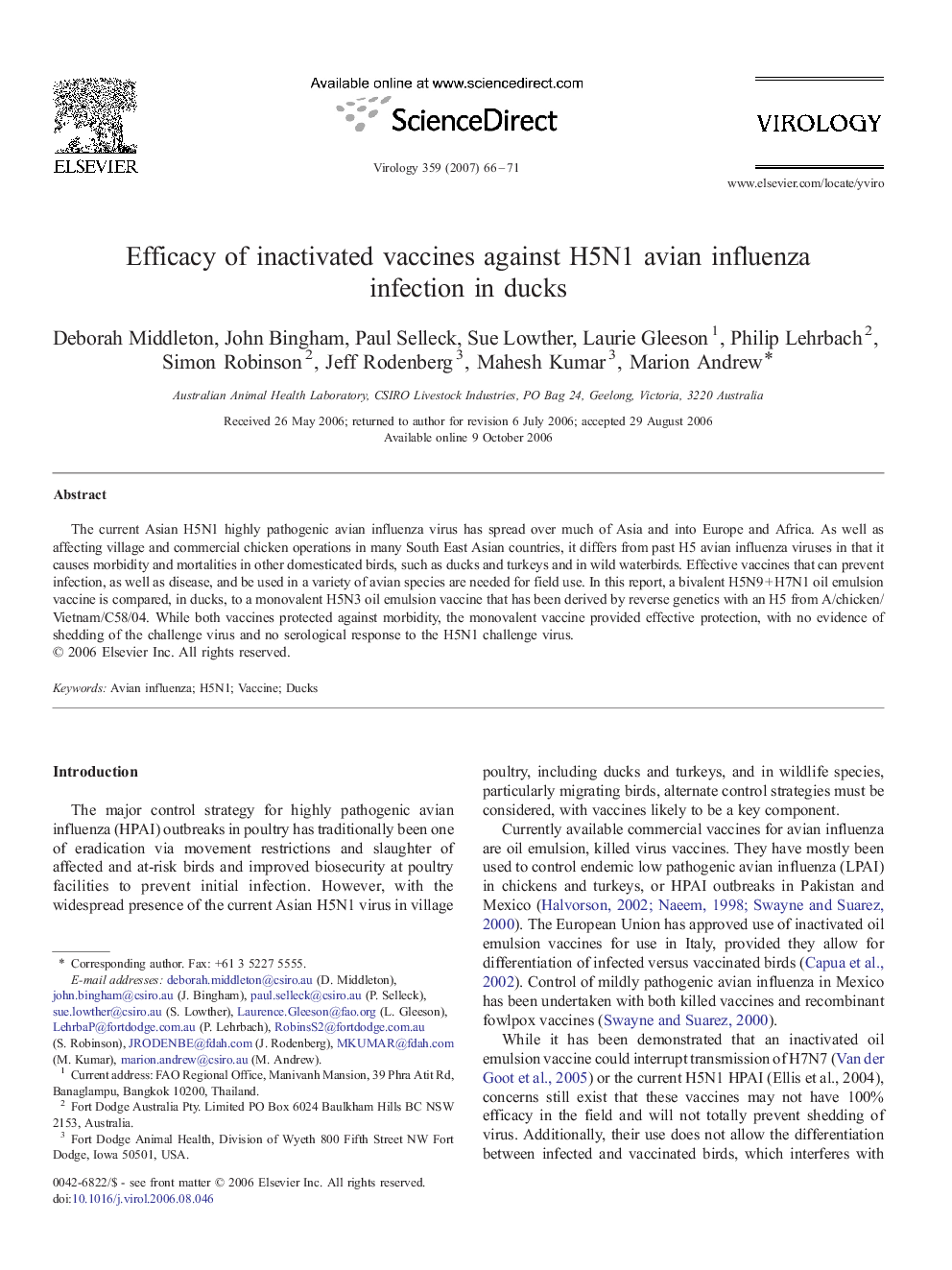 عکس صفحه اول مقاله: Efficacy of inactivated vaccines against H5N1 avian influenza infection in ducks Efficacy of inactivated vaccines against H5N1 avian influenza infection in ducks