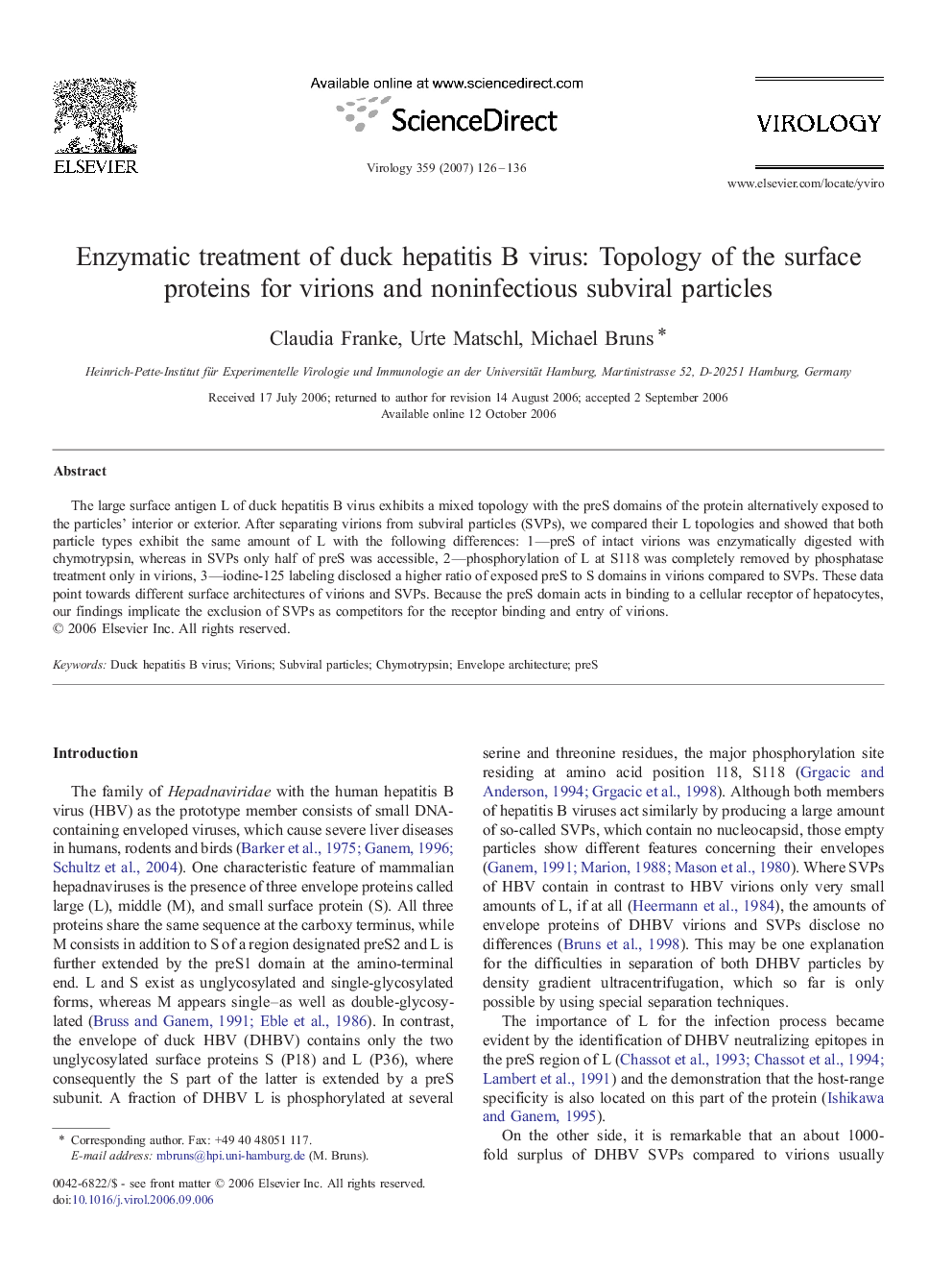 Enzymatic treatment of duck hepatitis B virus: Topology of the surface proteins for virions and noninfectious subviral particles