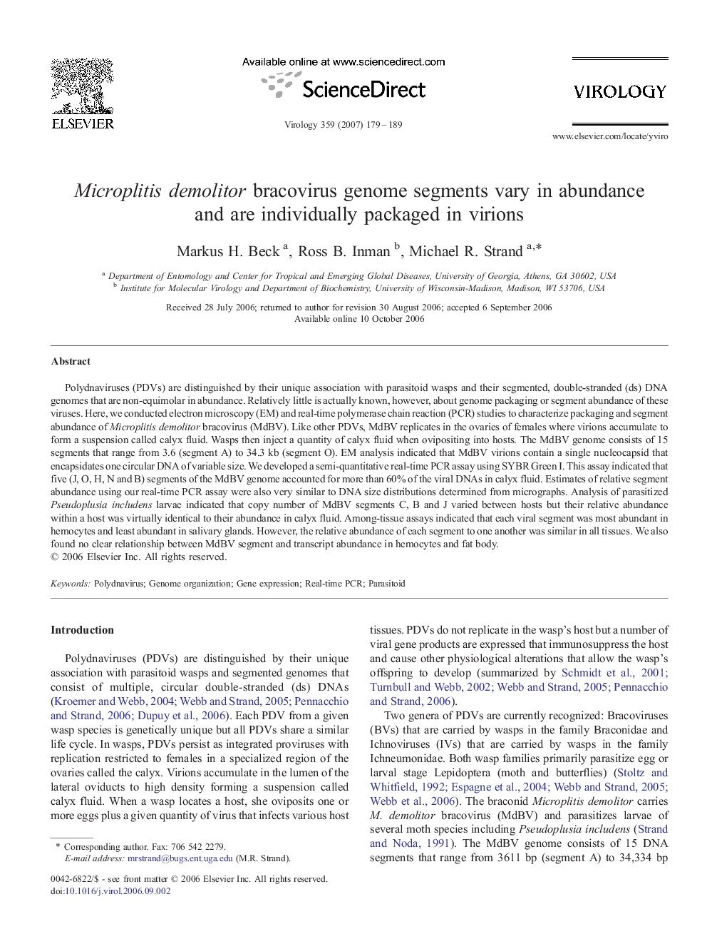 Microplitis demolitor bracovirus genome segments vary in abundance and are individually packaged in virions