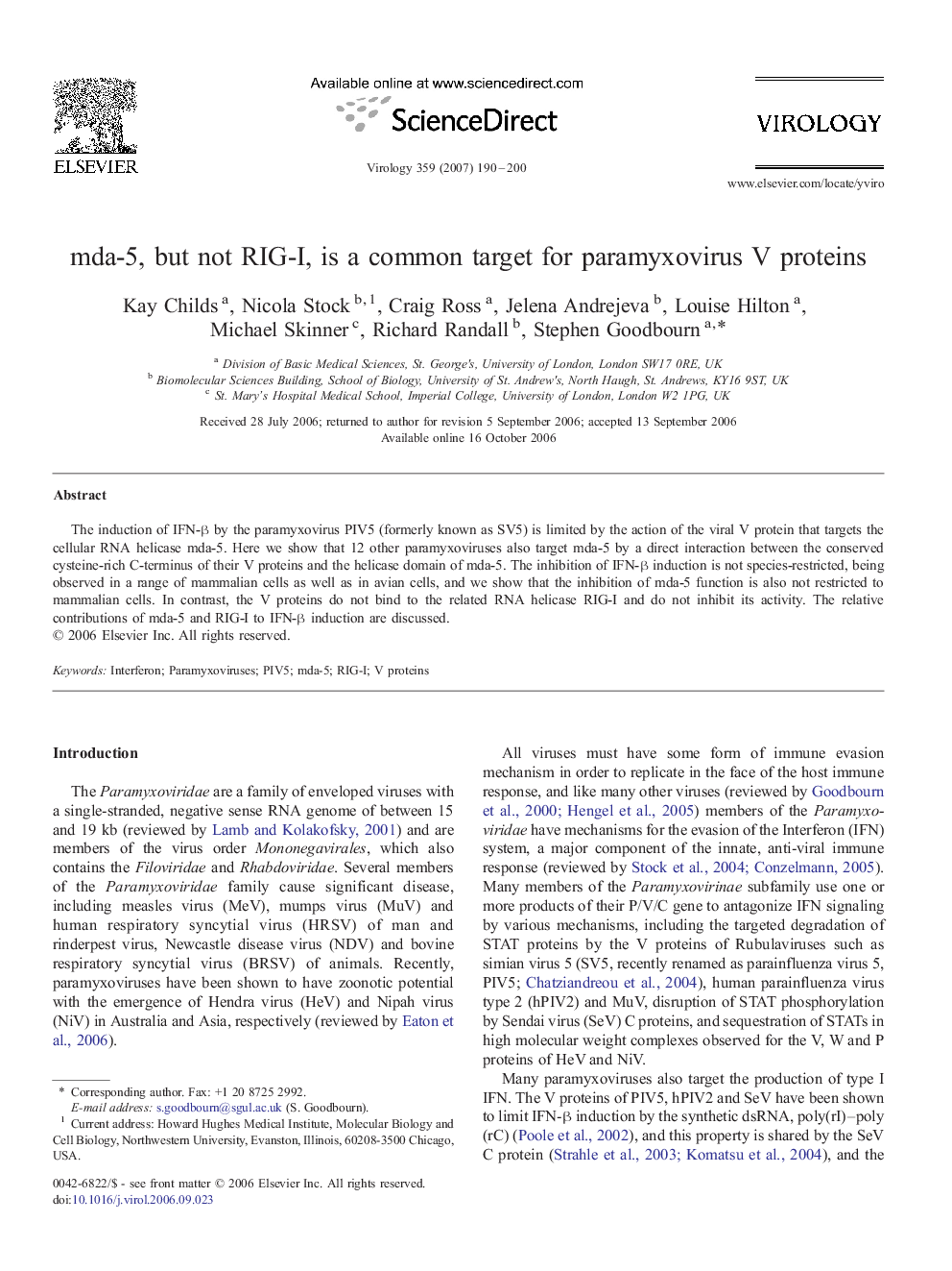 mda-5, but not RIG-I, is a common target for paramyxovirus V proteins