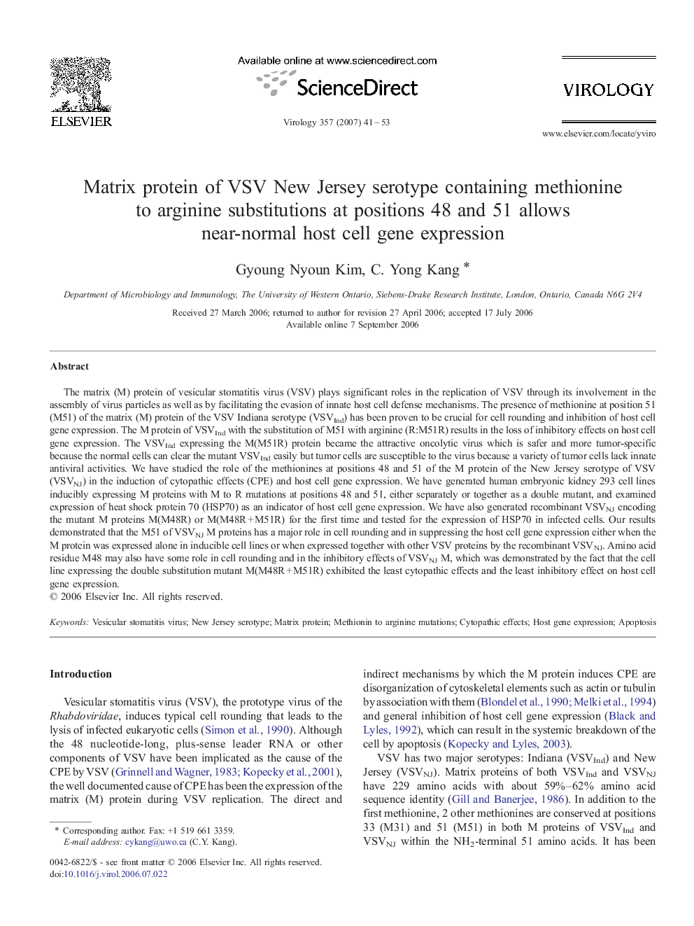 عکس صفحه اول مقاله: Matrix protein of VSV New Jersey serotype containing methionine to arginine substitutions at positions 48 and 51 allows near-normal host cell gene expression Matrix protein of VSV New Jersey serotype containing methionine to arginine substitutions at positions 48 and 51 allows near-normal host cell gene expression